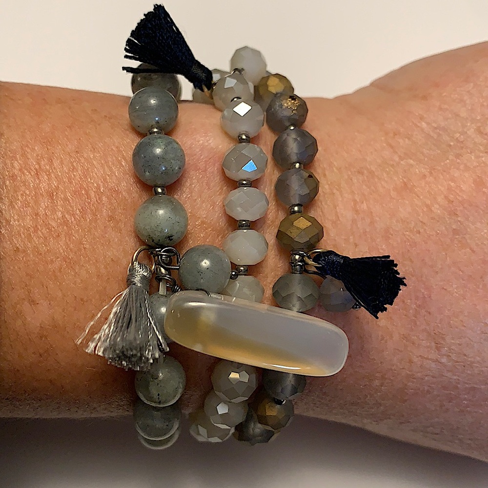 Faceted Stone and Crystal Stretch Bracelet Set of 3 NEW